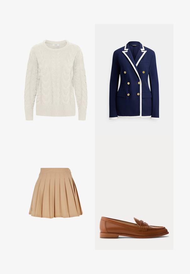 Blazer azul marino con ribete blanco, botones dorados dobles, solapa con muesca, bolsillo en el pecho y dos bolsillos frontales con solapa.; Suéter de punto cableado en gris claro con cuello redondo, patrones texturizados y puños y dobladillo acanalados. Hecho de un hilo suave y grueso.; Falda mini de tabla beige con cintura alta y un sutil logo bordado en el lado derecho de la cintura.; Mocasín de cuero marrón con tacón bajo de madera, correa clásica para moneda y detalles cosidos a lo largo de la puntera y los laterales.