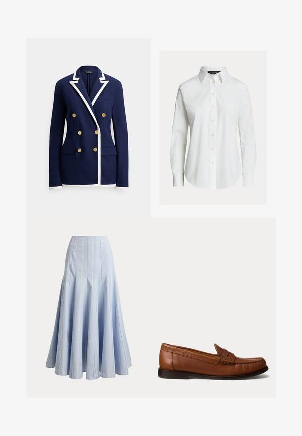 Marineblå blazer med hvid kant, dobbeltradede guldknapper, haklapel, brystlomme og to forlommer med klap.; Hvid skjorte med lange ærmer, knapper foran, spids krave og let buet kant.; Lyseblå lang nederdel med lodrette hvide nålestriber og udvidede paneldetaljer, vist på en ensfarvet baggrund.; Brun læderloafer med lav sort hæl, mok-tå-syning og en dekorativ rem over toppen, vist mod en hvid baggrund.