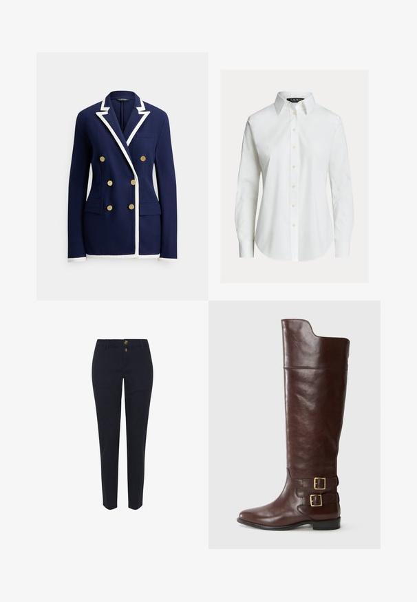 Marineblauer Blazer mit weißer Paspelierung, doppelseitigen goldenen Knöpfen, Notch-Revers, Brusttasche und zwei vorderen Klappentaschen.; Weißes langärmeliges Hemd mit Knopfleiste, spitzem Kragen und leicht gebogenem Saum.; Hose aus Baumwolle in Marineblau mit geradem Bein, ausgestattet mit zwei goldfarbenen Knöpfen und klassischen Gürtelschlaufen. Glatte Textur, ohne Muster.; Braune Leder-Knöchelstiefel in kniehoher Höhe mit runder Zehenform, ausgestattet mit zwei goldfarbenen Schnallen am Knöchel und einer glatten, polierten Oberfläche.