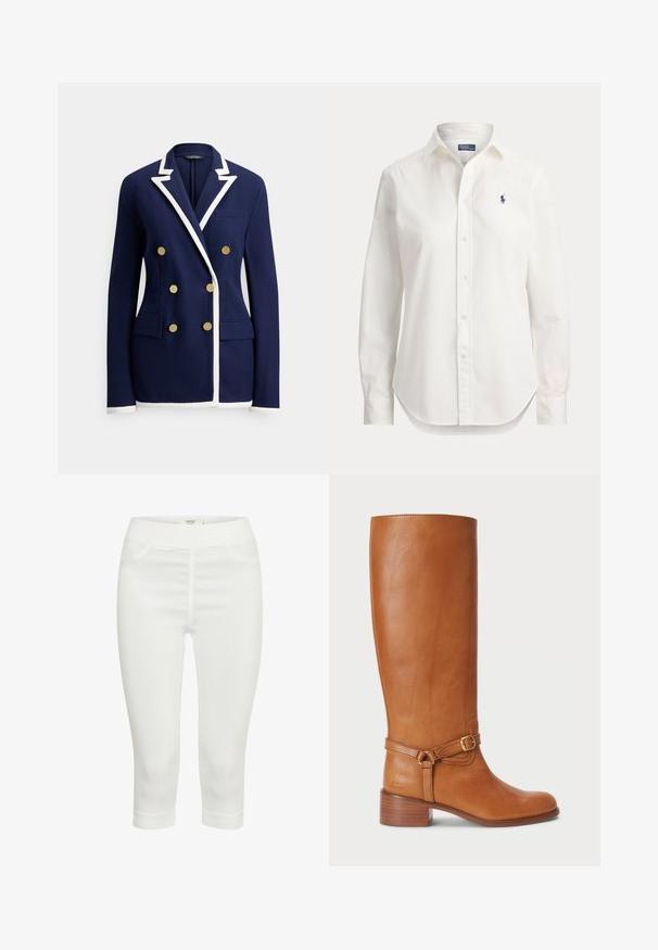 Marineblå blazer med hvid kant, dobbeltradede guldknapper, haklapel, brystlomme og to forlommer med klap.; Hvid langærmet skjorte med knapper, krave og lille blåt logo af en polospiller på venstre bryst.; Hvide capri-bukser lavet af et strækbart stof, med en glat tekstur, to forlommer og en behagelig elastisk talje.; Høje brune læderstøvler med en glat overflade, udstyret med en sidelukning og en stablet hæl. Overdelen har et rent, udekoreret design.