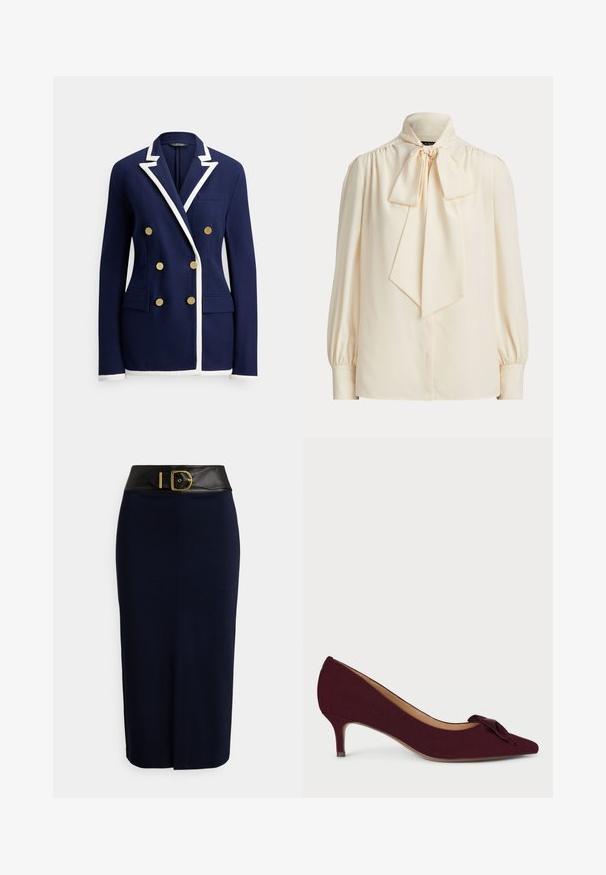 Marineblauer Blazer mit weißer Paspelierung, doppelseitigen goldenen Knöpfen, Notch-Revers, Brusttasche und zwei vorderen Klappentaschen.; Cremefarbene Langarmbluse mit hohem Kragen und großer gebundener Schleife am Hals, mit gerafften Schultern und geknöpften Manschetten.; Marineblauer Bleistiftrock mit einem breiten schwarzen Bund und einer großen goldenen Schnalle, ausgestattet mit einer vorderen Naht und einem dezenten Schlitz vorne.; Burgunderfarbene Wildleder-Pumps mit spitzem Zehenbereich, kleinem Absatz und einer geknoteten Schleifenakzent auf dem Blatt; glatte Textur und elegantes Design.
