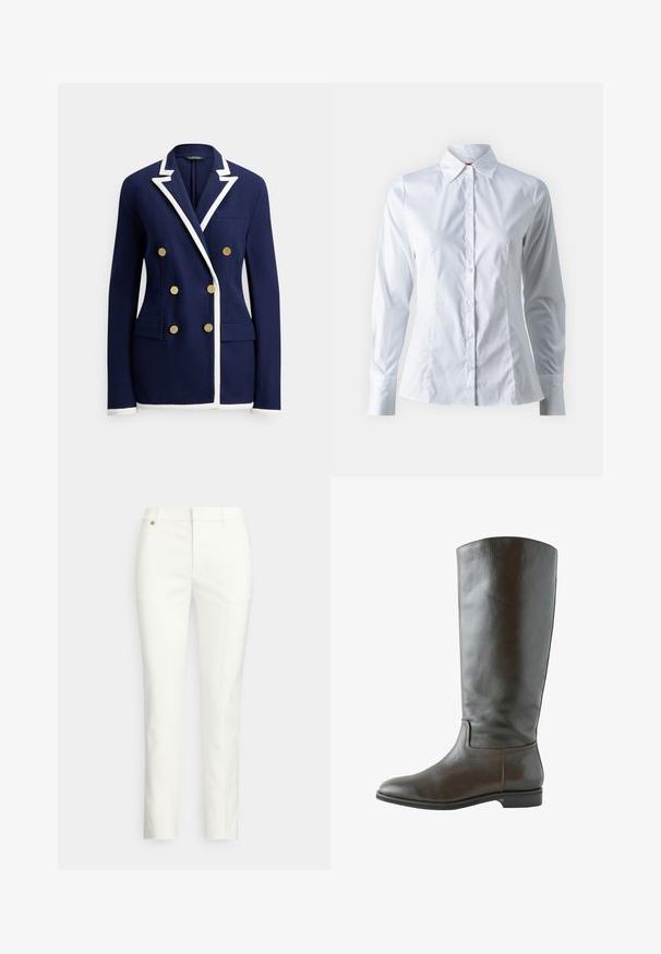 Marineblå blazer med hvid kant, dobbeltradede guldknapper, haklapel, brystlomme og to forlommer med klap.; Hvid skjorte med lange ærmer, spidse krave, tætsiddende design, glat bomuldsstof og frontlukning med knapper.; Hvide, skræddersyede bukser med en tætsiddende pasform, der har en glat tekstur, bæltestropper og en lille detalje af guldhardware. Ingen lommer synlige.; Brun læder knæhøj støvle med en glat overflade, rund tå og minimal syning. Sålen er flad med en lav hæl.