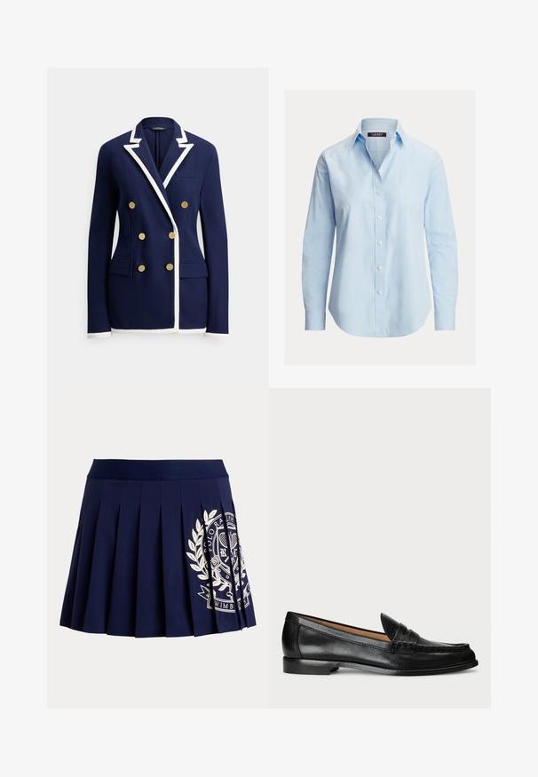 Blazer bleu marine avec bordure blanche, boutons dorés double boutonnage, revers cranté, poche poitrine et deux poches frontales à rabat.; Chemise bleu clair à manches longues, à col, avec des boutons blancs et un logo discret sur la poitrine côté gauche.; Jupe plissée bleu marine avec une large ceinture et un logo blanc à thème tennis sur le bas à droite.; Lauren Ralph Lauren WYNNIE - Chaussons - black