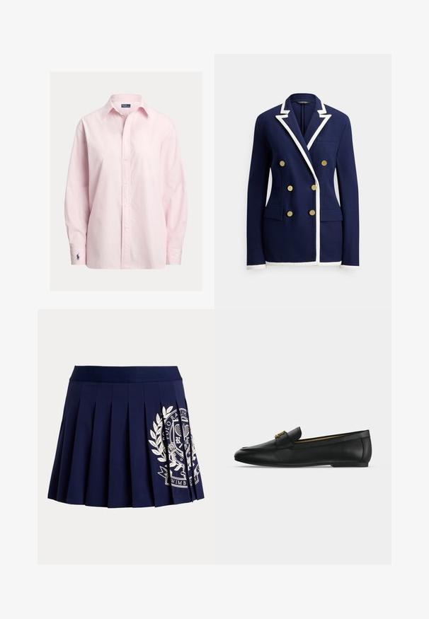 Blazer azul marino con ribete blanco, botones dorados dobles, solapa con muesca, bolsillo en el pecho y dos bolsillos frontales con solapa.; Camisa rosa claro abotonada hecha de una suave mezcla de algodón, con cuello estándar, mangas largas y un pequeño logo bordado en el puño.; Falda plisada azul marino con cinturilla ancha y logotipo blanco con escudo temático de tenis en el lado inferior derecho.; Zapato mocasín de cuero negro con detalle de hebilla metálica dorada en la parte superior, suela plana y diseño con costuras a lo largo del borde superior.