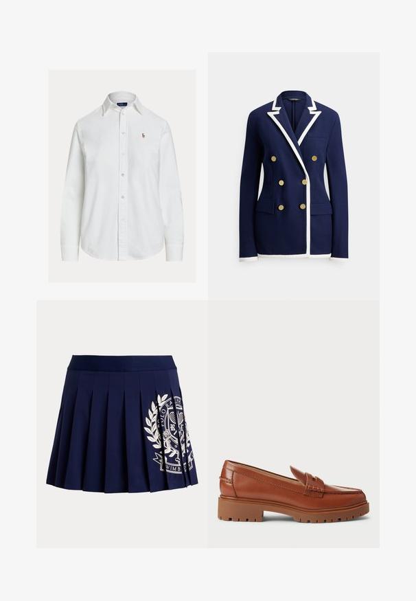 Marineblå blazer med hvid kant, dobbeltradede guldknapper, haklapel, brystlomme og to forlommer med klap.; Hvid langærmet skjorte med knapper og krave samt lille broderet logo på venstre bryst, vist på ensfarvet baggrund.; Marineblå plisseret nederdel med bred linning og hvid tennisinspireret logo på nederste højre side.; Brune læder loafers med en moccasin-foddesign, synlig syning og en kraftig, tekstureret gummisål. Hardware i guldfarve som accent.
