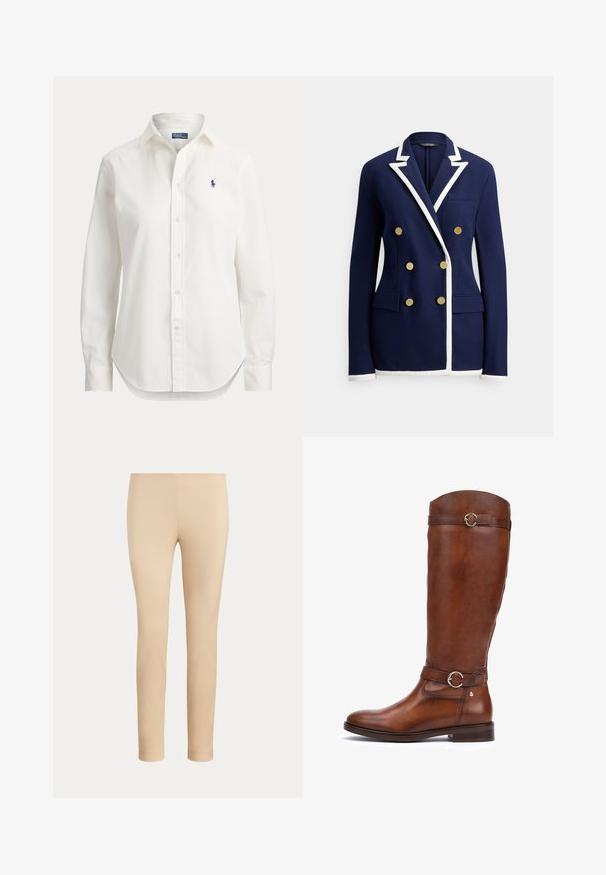 Marineblauwe blazer met witte biezen, dubbelgeknoopte gouden knopen, reverskraag, borstzak en twee klepzakken aan de voorkant.; Witte blouse met lange mouwen, knopen, kraag en klein blauw logo van een polospeler op de linkerborst.; Beige slim-fit enkellange broek met een gladde afwerking en zonder zichtbare zakken of versieringen op een effen achtergrond.; Bruine leren laarzen tot de knie met een gladde afwerking, een ronde neus, een decoratieve band met een ronde gesp en een lage stapelhak.