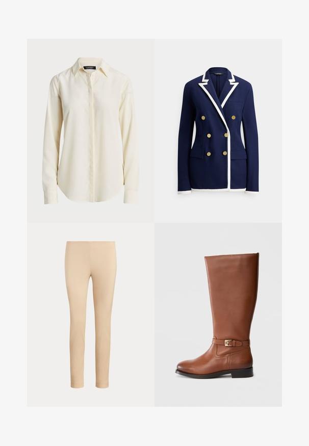 Marineblauwe blazer met witte biezen, dubbelgeknoopte gouden knopen, reverskraag, borstzak en twee klepzakken aan de voorkant.; Lichtcrème langemouwshirt met een puntige kraag, knoopsluiting aan de voorkant en een gladde textuur; heeft een ronde zoom en een slim fit.; Beige slim-fit enkellange broek met een gladde afwerking en zonder zichtbare zakken of versieringen op een effen achtergrond.; Bruine leren laars tot over de knie met een rechte vorm, platte zool en een gespsluiting in goudkleur bij de enkel. Gladde textuur, minimale stiksels.