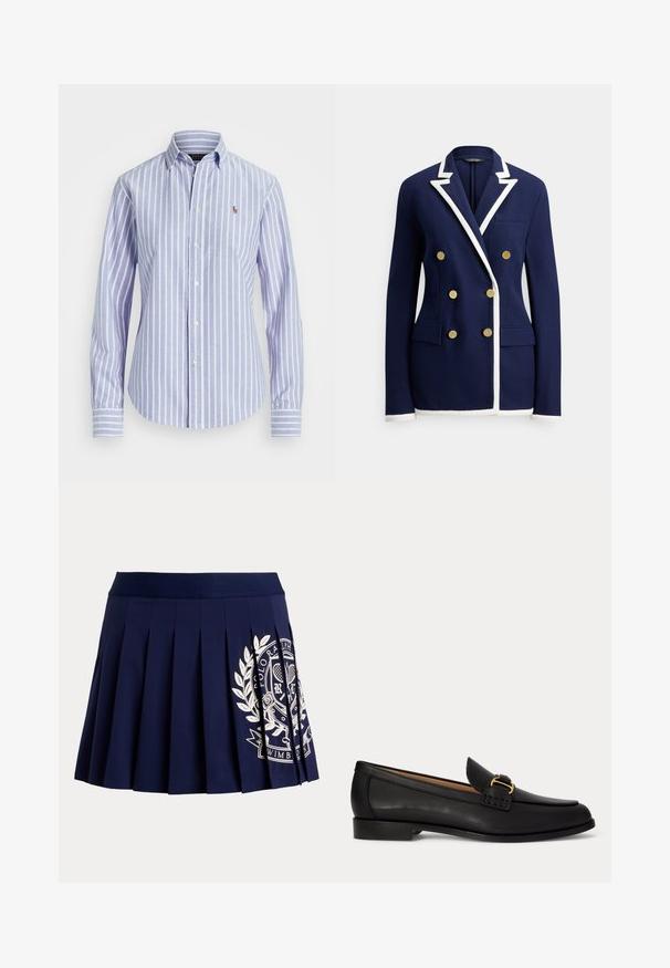 Marineblauwe blazer met witte biezen, dubbelgeknoopte gouden knopen, reverskraag, borstzak en twee klepzakken aan de voorkant.; Lichtblauw-wit verticale gestreepte blouse met lange mouwen, knopen, kraag en klein geborduurd logo op de borst.; Marineblauwe geplooide rok met brede tailleband en wit tennis-thema wapenlogo aan de rechteronderkant.; Zwarte leren loafer met een kleine hak en decoratieve gouden gesp aan de voorkant, zijaanzicht op een witte achtergrond.