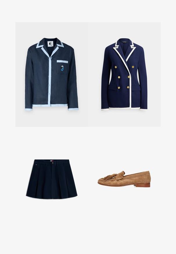 Marineblauer Blazer mit weißer Paspelierung, doppelseitigen goldenen Knöpfen, Notch-Revers, Brusttasche und zwei vorderen Klappentaschen.; Marineblaues Leinenhemd mit hellblauem Kragen und Taschenbesatz. Verfügt über eine Brusttasche mit einem gestickten Design. Knopfverschluss auf der Vorderseite.; Marineblaue, plissierte Minirock mit Frontknöpfen und Reißverschluss, Gürtelschlaufen, Seitentaschen und kleinem Logo an der linken Hüfte.; Wildlederloafer in Hellbraun mit flachem Absatz, ausgestattet mit einer dekorativen Quaste und gestickten Verzierungen entlang der Kanten.