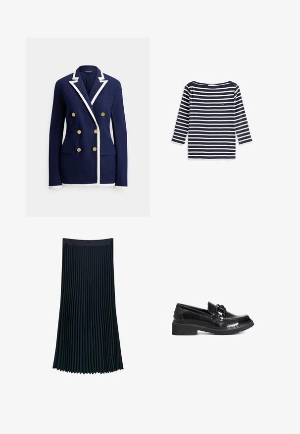 Blazer azul marino con ribete blanco, botones dorados dobles, solapa con muesca, bolsillo en el pecho y dos bolsillos frontales con solapa.; Camisa de rayas azul marino y blanca de manga larga con un escote amplio y pequeño logo en el pecho, hecha de suave tejido de algodón.; Falda plisada en tela azul marino oscuro, con una cinturilla lisa y plisados verticales que aportan textura y movimiento, con una silueta fluida.; Mocasines de charol negro con puntera redonda, un acento trenzado y una suela de goma negra gruesa. Textura suave y diseño elegante.