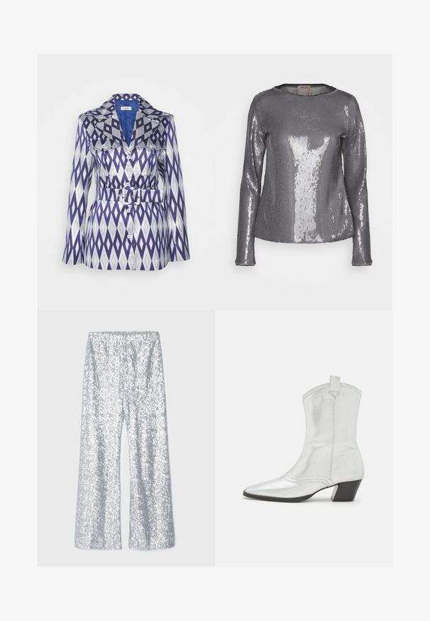 Lisou LUCILLE - Korte frakker - blue; N°21 Langærmet T-shirt - grigio; Sølv palietbukser med flared ben og elastisk talje. Har en skinnende overflade og bred ben silhuet.; Castañer DIMBA - Cowboy- / bikerstøvlette - plata