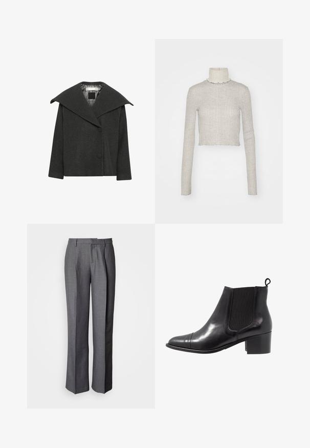 Kulgrå uldfrakke med stort krave, enkelt knaplukning og trekvartlange ærmer. Foret indvendigt med et geometrisk mønster.; Lysegrå ribbet turtleneck sweater med lange ærmer. Har en cropped længde og en flæset kant ved kraven og kanten. Blød tekstur.; Grå skræddersyede bukser med flad front, lige ben og subtil tekstur; har sidelommer og en glat linning.; Sorte læder ankelstøvler med elastiske sidepaneler, rund tå og tekstureret blokhæl. Har en løkke til at trække i bagpå for nem påtagning.