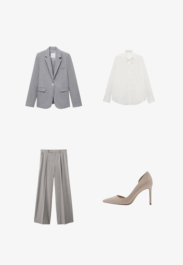 Grijze blazer van textuurstof, met een notch-lapel, sluiting met één knop en twee voorzakken. Gevoerde binnenkant.; Witte blouse met lange mouwen van gladde stof, met een puntige kraag en knoopmanchetten, een rechte zoom en zonder patronen.; Lichtgrijze wijde broek van een geweven stof. Heeft plooien aan de voorkant, een aansluitende tailleband en zijzakken.; Beige lakleren high-heeled pumps met een spitse neus, ondiepe uitsnijdingen aan de zijkanten en een slanke hak. Gladde textuur met een glanzende afwerking.