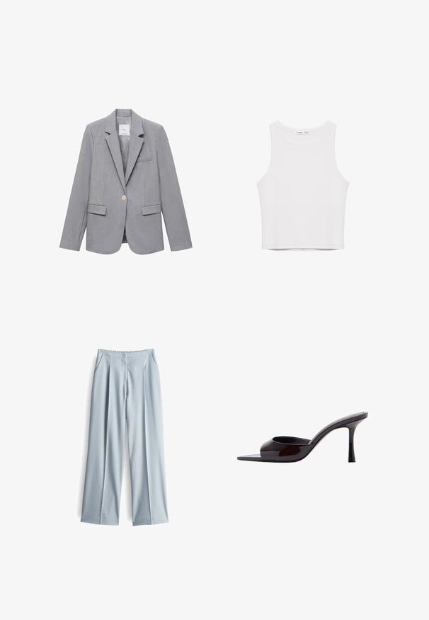 Grijze blazer van textuurstof, met een notch-lapel, sluiting met één knop en twee voorzakken. Gevoerde binnenkant.; Witte mouwloze cropped top met een hoge ronde hals, gemaakt van een gladde stof, plat liggend op een witte achtergrond.; Lichtblauwe wijde broek gemaakt van zachte stof, met hoge taille, voorzakken en een knoopsluiting. Ingewerkte plooien.; Zwarte lakleren mule met open teen, smalle midhoge stilettohak en lager uitgesneden bovenband.