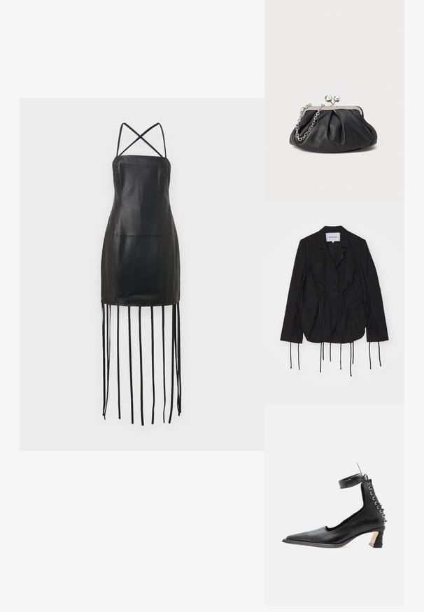 Sort blazer med en struktureret design, der har flettede detaljer og lange bånd langs ærmerne. To forlommer og en hakkrave.; Sort læderkjole med tynde krydsryg-stropper, tætsiddende bodice og frynse-detaljer hængende fra kanten. Glat tekstur og minimalistisk design.; Sort lavhælet lædersko med spids tå, snøredetalje bagpå og ankelrem mod en ensartet hvid baggrund.; Sort læder clutch med samlet tekstur, sølvfarvet metalramme, kys-lås lukning og kædestrop. Glat, blød overflade.
