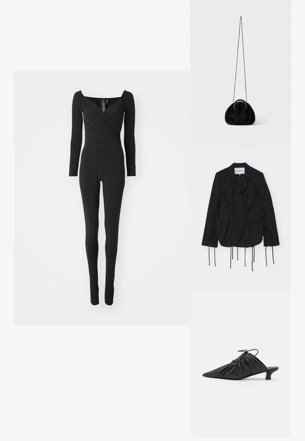 Zwarte blazer met een gestructureerd ontwerp, voorzien van gevlochten accenten en lange linten langs de armen. Twee voorzakken en een gesneden kraag.; Zwarte jumpsuit met lange mouwen, een vierkante halslijn, een wikkelontwerp bij het lijfje en aansluitende pijpen, gemaakt van rekbaar materiaal.; Zwarte leren instappers met een spitse neus, gegatherde textuur en een kleine kittenhiel. Heeft een trekkoorddetail aan de opening.; Kleine zwarte handtas van namaakbont met gevlochten bovenhandvatten en lange dunne schouderriem op een effen achtergrond.