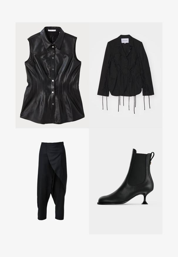 Blazer noir au design structuré, avec des accents tressés et de longues lanières le long des bras. Deux poches avant et un col cranté.; Chemise sans manches en cuir noir avec un col pointu, des détails de couture verticaux et des fermetures à boutons-pression sur le devant.; Pantalon noir court avec un devant drapé, fabriqué en tissu lisse. Caractérisé par une taille ajustée et des jambes fuselées.; Bottine en cuir noir à bout pointu, panneaux latéraux élastiques, et petit talon fin évasé sur un fond clair uni.