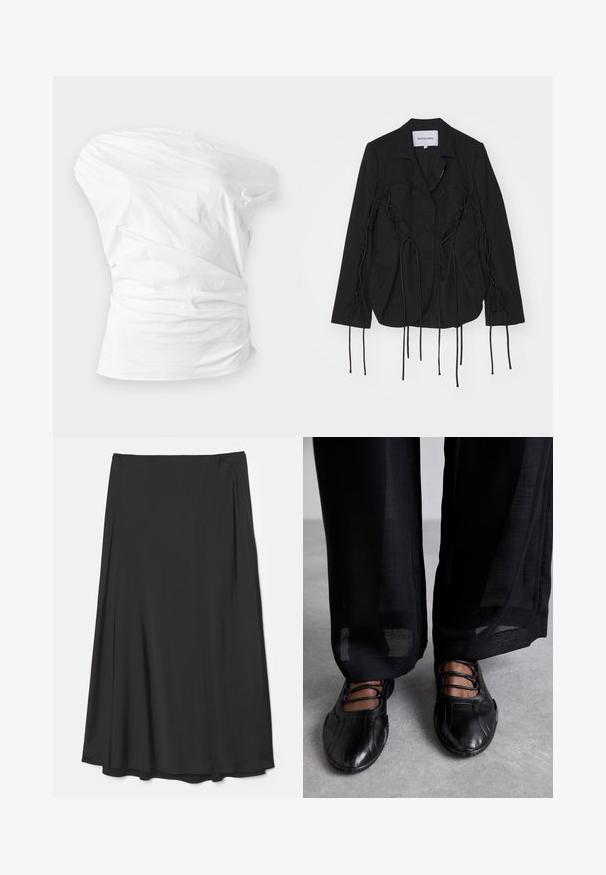 Blazer noir au design structuré, avec des accents tressés et de longues lanières le long des bras. Deux poches avant et un col cranté.; Haut bustier blanc froncé avec détails plissés et taille cintrée sur fond clair.; Jupe noire, longueur genou en tissu lisse ; présente un design fluide avec des drapés souples et sans fermetures visibles.; MIISTA AVERIE - Babies - black