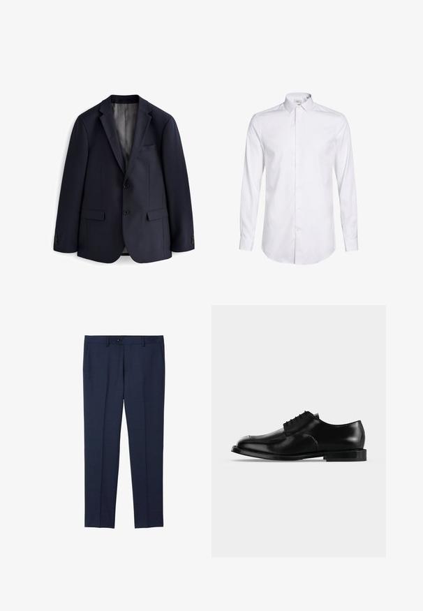 Blazer bleu marine en tissu lisse ; présente un col en V, deux poches avant et trois boutons sur le devant et les manches.; Chemise blanche à manches longues en coton. Dotée d'un col pointu, d'une fermeture à boutons sur toute la longueur à l'avant et de manches à poignets. Texture lisse, sans motifs.; Pantalons taillés navy en tissu lisse. Dotés d'une fermeture à bouton, de poches latérales et d'une coupe droite.; Chaussure de ville pour homme en cuir noir avec lacets, finition lisse et talon bas, vue de profil sur un fond clair uni.