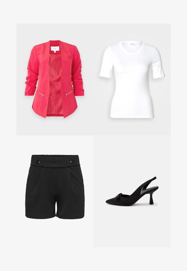 Lyserød damesblazer med rynkede 3/4-ærmer, åben front og to vandrette lynlåslommer ved taljen.; Hvid T-shirt med korte ærmer lavet af glat bomuld, med rund halsudskæring og en tætsiddende pasform. Klassisk design uden mønstre eller detaljer.; Sorte shorts lavet af glat stof, med en bred talje med to sorte knapper, folder foran og sidelommer.; Sort peep-toe slingback højhælet sko med en lille sløjfe foran og en smal hæl, vist mod en hvid baggrund.