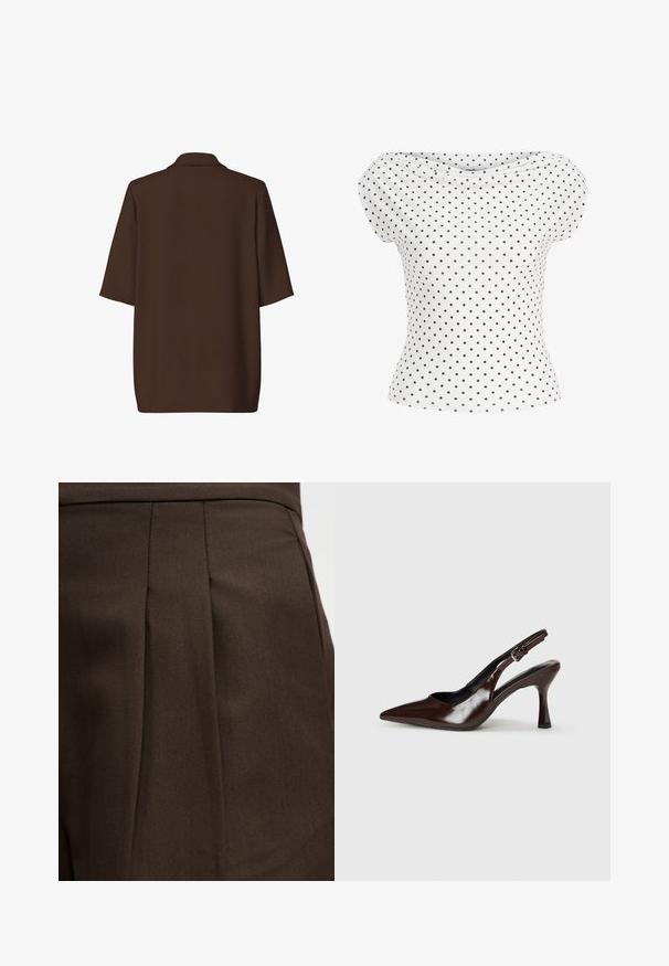 Veste blazer marron à manches courtes avec col, vue de dos sur un fond blanc uni.; Blouse blanche à manches courtes avec encolure bateau et motif à pois noirs, cintrée à la taille.; Vêtement brun foncé sur mesure avec un détail de plis verticaux sur une surface de tissu lisse.; Talons slingback en cuir verni brun avec un bout pointu, un talon fin, et une sangle réglable avec une petite boucle.