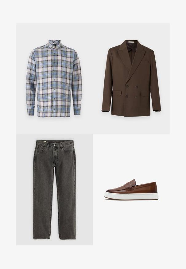 Brun dobbeltradet blazer med brede revers, fire knapper, to klaplommer og en brystlomme, vist på en hvid baggrund.; Skjorte med tern i hvide, blå, grønne og lilla nuancer. Har en klassisk krave, lange ærmer og knapper foran. Letvægtsstof.; Sorte, slidte straight-leg jeans med fem lommer, knaplukning og bæltestropper, lagt fladt på en hvid baggrund.; Brun læderloafer med tyk hvid gummisål og minimal syning, set fra siden på en hvid baggrund.