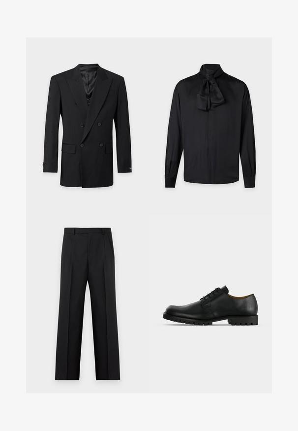 Blazer noir croisé avec revers à cran, quatre boutons sur le devant, deux poches à rabat et doublure intérieure en satin sur fond blanc.; Blouse noire à manches longues avec col haut et grand nœud en satin noué au cou, dotée de poignets boutonnés et de boutons cachés à l'avant.; Pantalon noir habillé à jambes droites avec plis avant, poches latérales et taille avec passants de ceinture, présenté à plat sur un fond blanc.; Chaussure de ville noire en cuir à lacets avec une semelle épaisse et rainurée et un petit talon, présentée sur fond blanc.