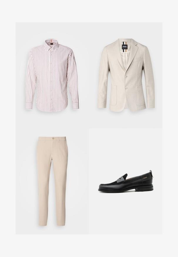 Lys beige blazer lavet af et vævet stof. Har et enkelt brystdesign, to forlommer og en klapkrave. Minimalistisk stil.; Stribet skjorte i hvid og lys pink. Har krave, lange ærmer og et lille logo på brystet. Lavet af bomuldsmateriale.; Beige bukser lavet af blødt stof, med knaplukning, lige snit og sidelommer. Glat tekstur med minimale syninger.; Sort læderloafer med grå remdetalje, lav hæl og tekstureret sål, mærket med "HUGO" i guld på siden.