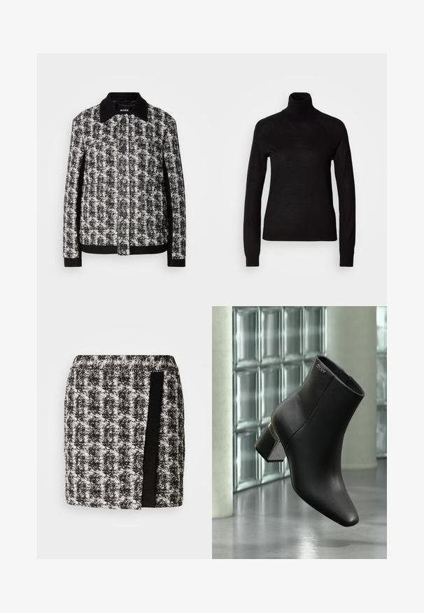 Sort-hvid mønstret jakke med krave, knaplukning og kontrasterende manchetter. Fremstillet af struktureret stof og har en skræddersyet pasform.; Sort turtleneck sweater lavet af et let strikket stof. Har lange ærmer og en tætsiddende silhuet med raglan-sømme.; Sort og hvid houndstooth nederdel med elastisk talje, der har et sort stofpanel på siden. Kortskaft, tekstureret stof.; Sort læderankelstøvle med blokhæl, DKNY-logo nær toppen, vist foran en glasblokvæg og poleret betongulv.