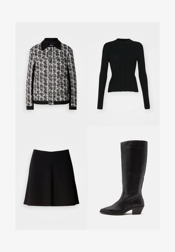 Zwart-wit patroonjacket met een kraag, knoopsluiting en contrasterende manchetten. Gemaakt van textuurstof en heeft een getailleerde pasvorm.; Zwarte geribbelde lange mouwen trui met een hoge halslijn en een aansluitende pasvorm. Het materiaal lijkt rekbaar met verticale lijnen. Kortere snit aan de zoom.; Zwarte klokrok van zacht stof, met een strakke tailleband en naaddetails. Glad textuur met een eenvoudig, klassiek ontwerp.; Zwarte leren laars tot half op de kuit met een puntige neus en een lage schuine hak op een effen lichte achtergrond.