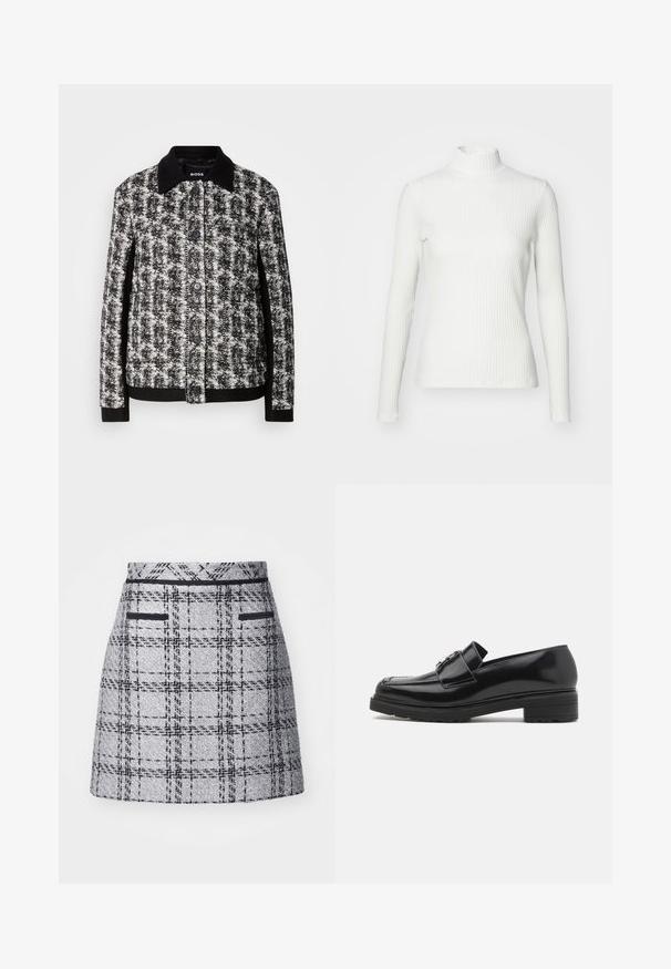 Sort-hvid mønstret jakke med krave, knaplukning og kontrasterende manchetter. Fremstillet af struktureret stof og har en skræddersyet pasform.; Hvid ribbet turtleneck blouse med lange ærmer, lavet af elastisk stof. Har et tætsiddende design og høj hals for god dækning.; Gråternet nederdel i struktureret stof, tætsiddende pasform og sort kant. Inkluderer to forlommer med sort detaljering.; Sorte lakerede loafers med lav blokhæl, syet tå og metalspænde detaljer på oversiden, vist i sideprofil på hvid baggrund.