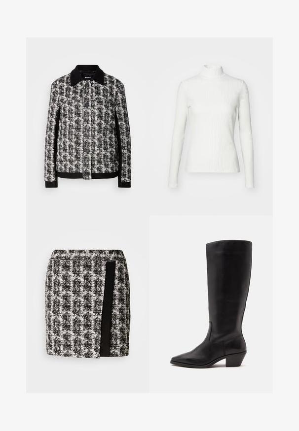Veste à motifs noir et blanc avec un col, fermeture à boutons et poignets contrastants. Fabriquée en tissu texturé, elle présente une coupe ajustée.; Haut col roulé blanc à côtes avec des manches longues, fabriqué en tissu extensible. Présente un design ajusté et un encolure haute pour plus de couverture.; Jupe à carreaux noir et blanc avec une taille élastique, présentant un panneau en tissu noir sur le côté. Longueur courte, tissu texturé.; Botte en cuir noire mi-mollet avec un bout pointu et un talon bas incliné sur un fond clair uni.