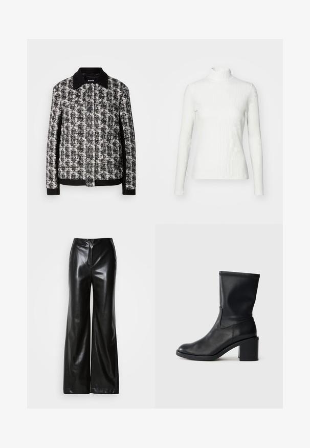 Schwarz-weiß gemusterte Jacke mit Kragen, Knopfschluss und kontrastierenden Manschetten. Aus strukturiertem Stoff gefertigt, bietet eine taillierte Passform.; Weißes geripptes Turtleneck-Oberteil mit langen Ärmeln, aus elastischem Stoff. Verfügt über ein enganliegendes Design und einen hohen Kragen für zusätzlichen Schutz.; Schwarze Lederweite-Hosen mit glatter Textur, hohem Bund und verdecktem Reißverschluss an der Vorderseite. Maßgeschneiderte Passform mit sauberem Finish.; Schwarze Leder-Ankle Boots mit runder Zehenform, glatter Oberfläche und dicker Absatz, ausgestattet mit einem eng anliegenden Schaft und subtilen Nähten.