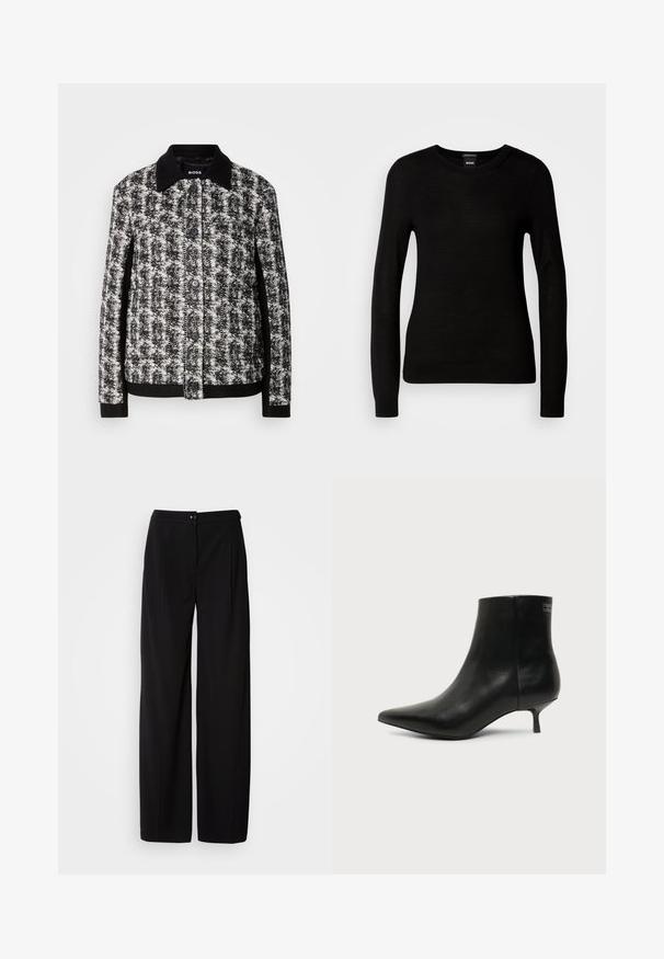Veste à motifs noir et blanc avec un col, fermeture à boutons et poignets contrastants. Fabriquée en tissu texturé, elle présente une coupe ajustée.; Pull noir en maille fine, avec un col rond et des manches longues à poignets ajustés. Pas de motifs ou d'ornements visibles.; Pantalons large en noir avec un tissu tissé lisse ; dotés d'une fermeture à bouton et d'un design plissé pour une silhouette structurée.; Bottine en cuir noir avec bout pointu et petit talon kitten sur fond clair, vue côté extérieur.