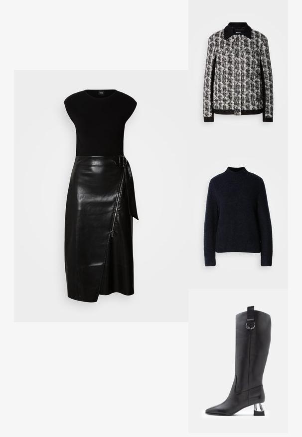 Veste à motifs noir et blanc avec un col, fermeture à boutons et poignets contrastants. Fabriquée en tissu texturé, elle présente une coupe ajustée.; Pull en tricot bleu marine avec un col montant, des manches longues et un ourlet côtelé. Texture douce, coupe décontractée, sans motifs visibles ni détails en métal.; Robe noire avec un haut ajusté et une jupe en cuir fluide de longueur midi. La jupe possède une fermeture éclair sur le côté et un lien en tissu à la taille.; Botte en cuir noir haute jusqu'au genou avec un bout pointu et un talon en bloc chromé. Équipée d'une sangle avec un accent en métal circulaire en haut.
