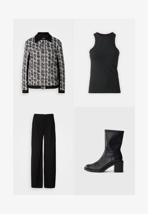Veste à motifs noir et blanc avec un col, fermeture à boutons et poignets contrastants. Fabriquée en tissu texturé, elle présente une coupe ajustée.; Débardeur sans manches noir en tissu extensible. Présente un col rond et une silhouette ajustée avec des détails de couture minimaux.; Pantalons large en noir avec un tissu tissé lisse ; dotés d'une fermeture à bouton et d'un design plissé pour une silhouette structurée.; Botte en cuir noir à cheville avec un bout rond, texture lisse et un talon épais, présentant un tige ajustée et un subtil détail de couture.