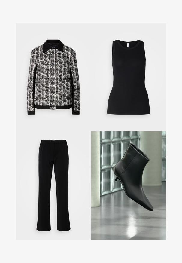 Veste à motifs noir et blanc avec un col, fermeture à boutons et poignets contrastants. Fabriquée en tissu texturé, elle présente une coupe ajustée.; Débardeur noir sans manches en tissu côtelé, avec un col rond et une coupe ajustée, à la texture douce et sans motifs.; Pantalons noirs avec un design évasé, fabriqués en tissu lisse. Présentent une taille élastique pour le confort et une silhouette épurée et simple.; Bottine en cuir noir à bout pointu et petit talon kitten, présentée en angle devant un sol poli et un mur en blocs de verre.