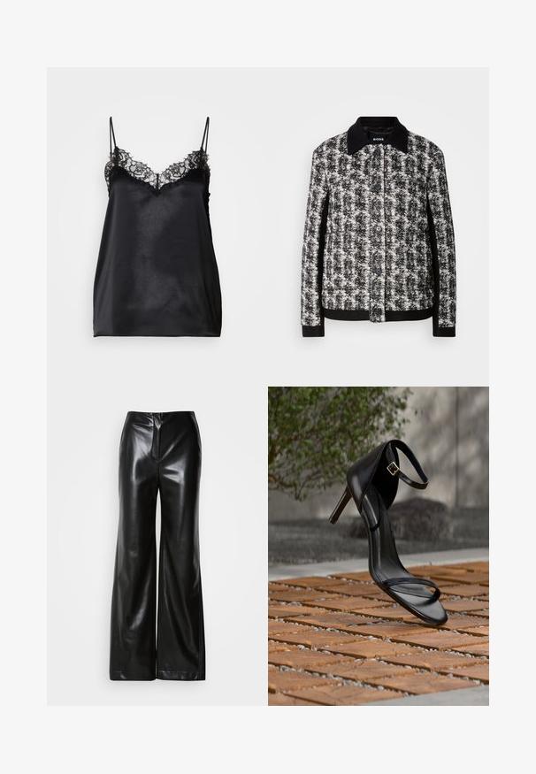 Sort-hvid mønstret jakke med krave, knaplukning og kontrasterende manchetter. Fremstillet af struktureret stof og har en skræddersyet pasform.; Sort satin cami top med justerbare tynde stropper, der har en blonderkant langs udskæringen og en glat, skinnende overflade.; Sorte læder bukser med bred ben, glat tekstur, høj talje og skjult lynlås foran. Skræddersyet pasform med en ren finish.; Sort højhælet sandal med ankelsnor, der ser ud til at svæve over et trægulv udendørs med sløret grønt og sten i baggrunden.