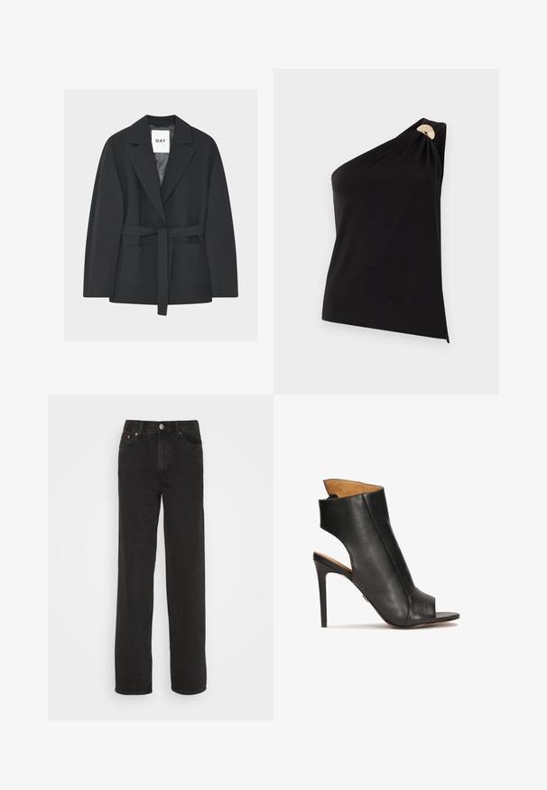 Zwarte blazer met riem, kraag met revers en voorzakken, plat liggend op een lichtgrijze achtergrond.; Zwarte een-shoulder mouwloze top met gouden ronde gespdetail op het bandje, gladde stof, aansluitend silhouet.; Zwarte rechte jeans met vijf zakken, een knoop aan de voorkant en riemlussen, weergegeven tegen een witte achtergrond.; Zwarte leren hoge hak sandalen met open teen en uitsnede ontwerp. Bevat een stilettoshak en een gevormde enkelsectie.