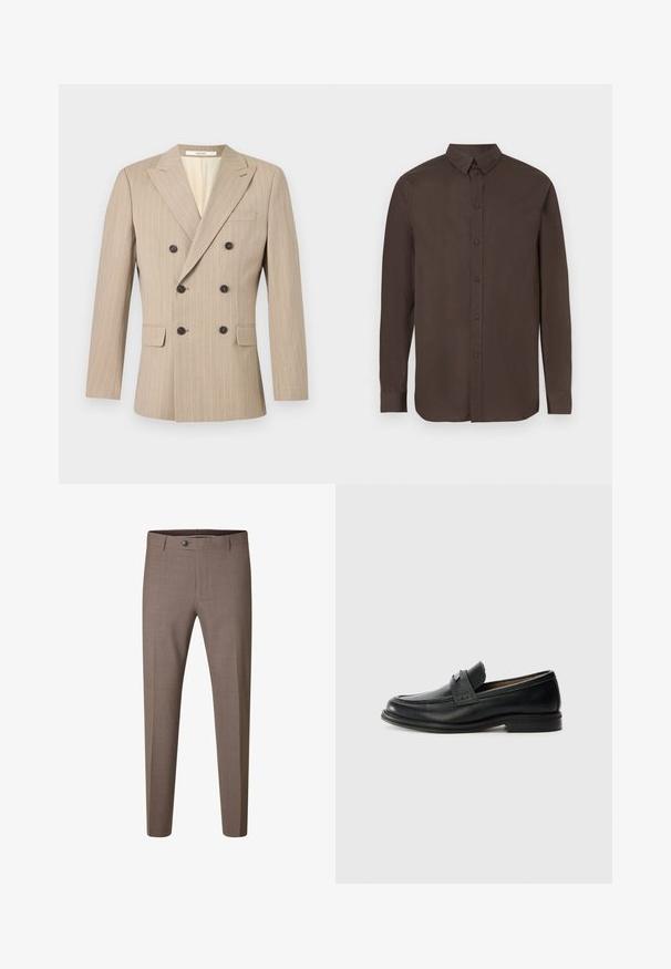 Beige dubbelgeknoopte blazer met krijtstreep, pieklappaleis, zwarte knopen, twee klepzakken aan de voorkant en een borstzak met bies.; Bruine overhemd met lange mouwen en knopen, voorzien van een kraag, met een gladde textuur en gelijkmatig verdeelde knopen aan de voorkant.; Bruine slim-fit formele broek met knoop en riemlussen, afgebeeld tegen een witte achtergrond.; Zwarte lederen instappers met een gladde afwerking, voorzien van een gestructureerde bovenband, lage hak en minimale stiksel-details.