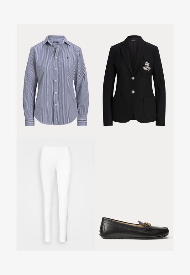 Sort skræddersyet blazer med to sølvknapper, tre forlommer og hvide broderede initialer på venstre brystlomme.; Langærmet skjorte med blå og hvide lodrette striber, krave og lille broderet logo på brystet.; Hvide leggings lavet af strækbart materiale. Tætsiddende design med en glat tekstur, der snævrer ind ved anklerne uden synlige lukninger eller udsmykninger.; Sort læderloafer med guldbeslag og gummisåle med nitter, vist fra siden på hvid baggrund.