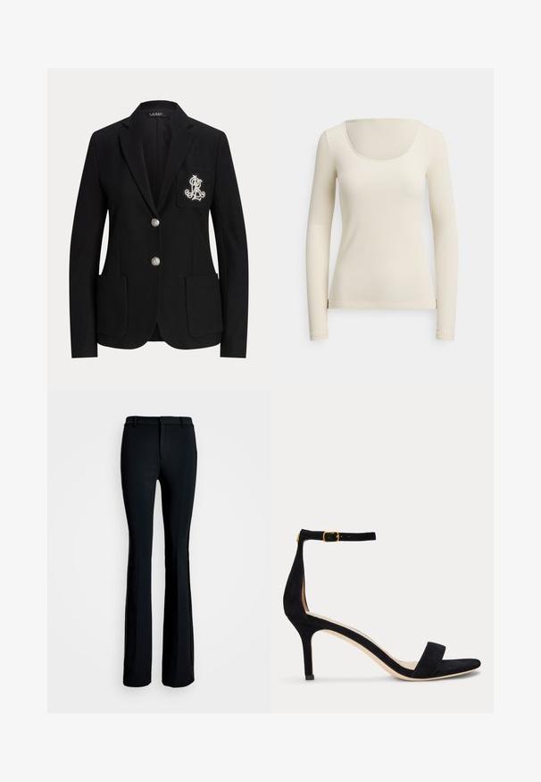 Schwarzer maßgeschneiderter Blazer mit zwei silbernen Knöpfen, drei Fronttaschen und weißen gestickten Initialen auf der linken Brusttasche.; Langärmliges, geripptes Oberteil in Creme mit weitem Rundhalsausschnitt, weicher Textur, figurbetontem Schnitt und seitlichen Schlitzen am Saum.; Schwarze, weit geschnittene Hosen aus glattem Stoff. Sie verfügen über einen flachen Bund, eine schmale Passform an den Oberschenkeln und einen weiten Beinabschluss.; Schwarze Wildleder-Sandalette mit schmalem Knöchelriemen und goldener Schnalle, offenem Zehenbereich und mittelhohem Absatz auf weißem Hintergrund.
