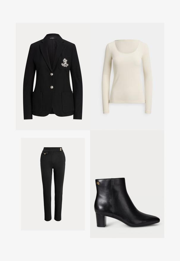 Schwarzer maßgeschneiderter Blazer mit zwei silbernen Knöpfen, drei Fronttaschen und weißen gestickten Initialen auf der linken Brusttasche.; Langärmliges, geripptes Oberteil in Creme mit weitem Rundhalsausschnitt, weicher Textur, figurbetontem Schnitt und seitlichen Schlitzen am Saum.; Schwarze, figurbetonte Hose mit hoher Taille, dekorativen goldenen Knöpfen am Bund und einer kleinen Klappentasche auf der rechten Seite.; Schwarze Leder-Stiefelette mit spitzer Zehe und Blockabsatz. Verfügt über ein Gold-Logo-Detail auf der Rückseite. Glatte Textur mit einem eleganten Design.