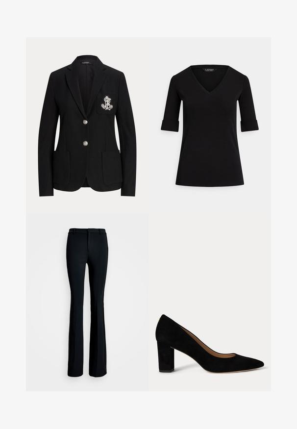Sort skræddersyet blazer med to sølvknapper, tre forlommer og hvide broderede initialer på venstre brystlomme.; Sort V-hals T-shirt med trekvartlange ærmer, der har opsmøgede manchetter og en glat stoftekstur. Mærket er "LAUREN."; Sorte flared bukser lavet af glat stof. Har en flad forreste talje, en slim fit gennem låret og en bred benåbning.; Damskoledressko i sort ruskind med lav blokhæl, spids tå og beige indvendig for på hvid baggrund.