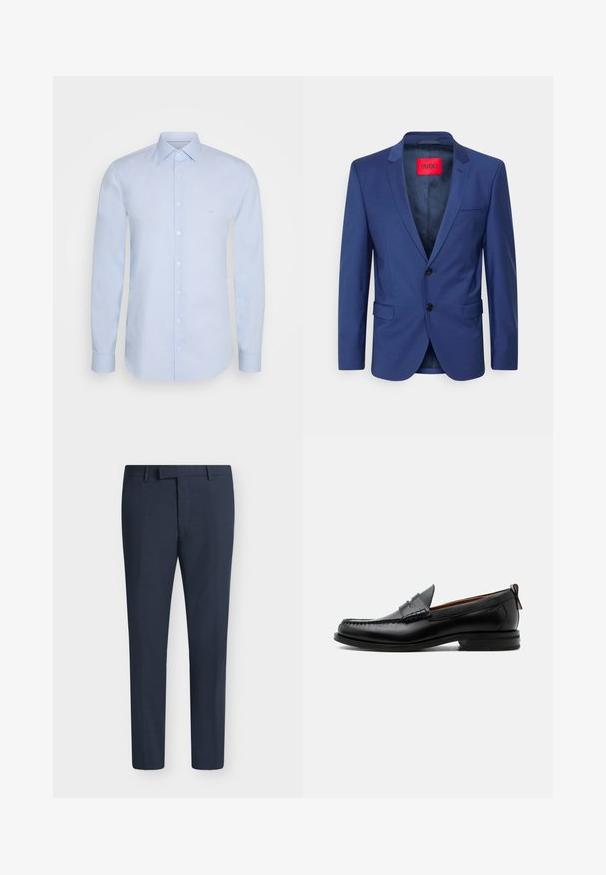 Navyblauwe colbert met scherpe kleppen, twee knopen en klepzakken. Heeft een rood merklabel aan de binnenkant, met een gladde textuur overal.; Lichtblauw langslowel shirt van soepel katoen, met een klassieke kraag, knoopsluiting en subtiele branding op de borst.; Marineblauwe, op maat gemaakte herenkleedbroek met riemlussen en een ritssluiting aan de voorkant, weergegeven tegen een effen achtergrond.; Zwarte leren herensloffen met moc toe stiksel, pennyriem, gestructureerde kraag en lage gestapelde hak op witte achtergrond.
