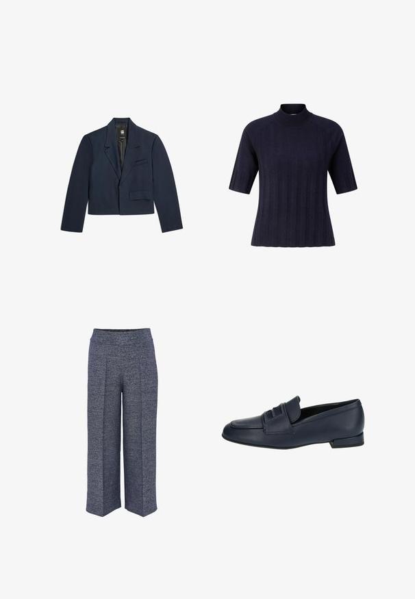 Marineblauer taillierter Blazer mit notch-Revers, einer einzelnen Brusttasche und einer Klapptasche, aus glattem Stoff und in gerader Silhouette.; Marineblauer gerippter Kurzarmpullover mit hohem Kragen und figurbetonter Silhouette.; Weite Hosen aus strukturiertem marineblauen Stoff, mit hohem Bund und klaren Vorderfalten für ein strukturiertes Design.; Marineblaue Lederloafers mit einer glatten Oberfläche, schlankem Design und Akzentdetails auf dem Obermaterial. Kurzer Absatz und Gummisohle für Rutschfestigkeit.