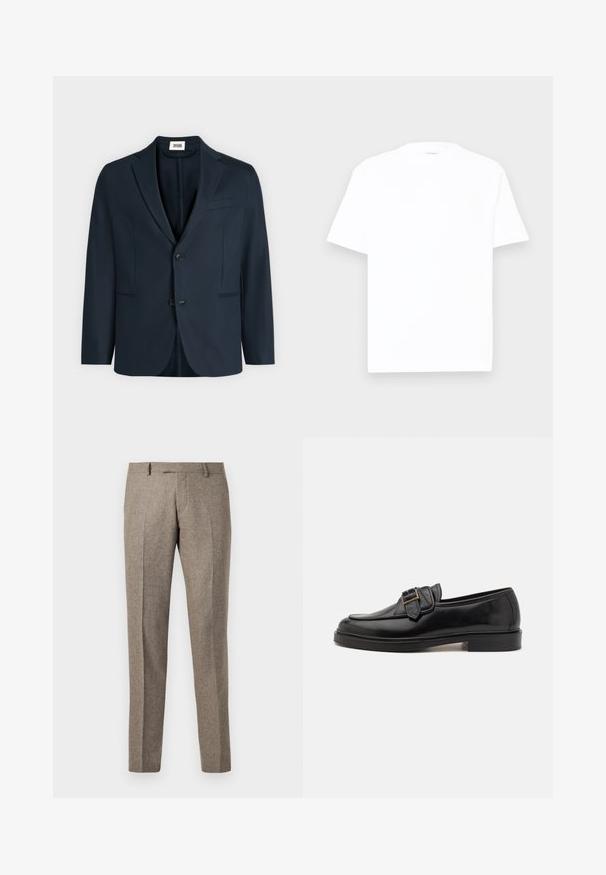 Dunkel marineblauer Herrenblazer mit gekerbtem Revers, zwei Knöpfen und drei Vordertaschen auf einfarbig hellem Hintergrund.; Weißes Baumwoll-T-Shirt mit Rundhalsausschnitt, kurzen Ärmeln und lässiger Passform. Glatte Textur, minimale Details und ohne Muster oder Grafiken.; Braune Wollmischungs-Hosen mit gerade geschnittenem Design, das eine feine Textur und Bügelfalten aufweist, abgerundet mit einem klassischen Taillenbund.; Schwarze Leder-Lederschuhe mit abgerundeter Zehenpartie und dekorativem Schnallenakzent. Flacher, solider Absatz und durchgehend glatte Oberfläche.