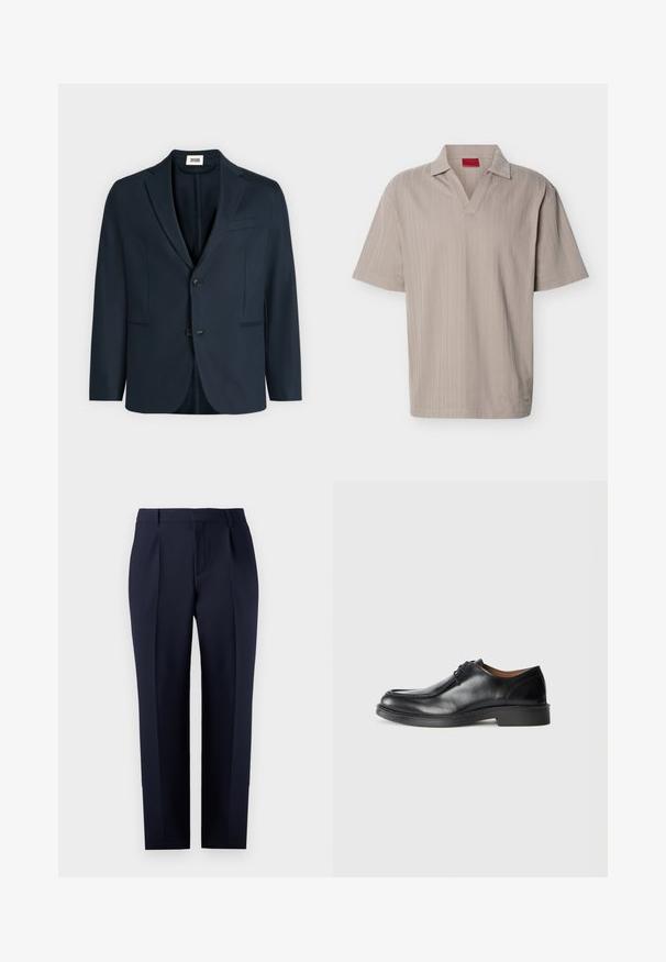 Dunkel marineblauer Herrenblazer mit gekerbtem Revers, zwei Knöpfen und drei Vordertaschen auf einfarbig hellem Hintergrund.; Beiges Strick-Poloshirt mit kurzen Ärmeln, strukturiertem vertikalem Streifenmuster und offenem V-Ausschnitt.; Marineblaue, maßgeschneiderte Hose aus strukturiertem Stoff, mit geradem Schnitt, Vorderfalten und einem klassischen Bund mit Gürtelschlaufen.; Schwarze Leder-Dressschuhe mit abgerundetem Zehenbereich, glatter Oberfläche, Schnürdetails und einer niedrigen, strukturierten Gummisohle. Saubere Linien und minimalistisches Design.