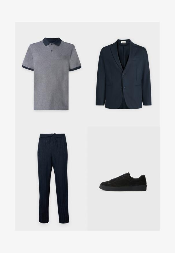 Blazer homme bleu marine foncé avec revers crantés, deux boutons et trois poches avant sur un fond clair uni.; Polo gris à manches courtes avec col et bords de manches bleu marine foncé, doté de deux boutons et d’un petit logo sur la poitrine sur un fond uni.; Pantalons rayés navy en tissu léger, avec une taille élastique et un cordon de serrage. Design à jambe droite avec une texture subtile.; Basket en suède noire avec une semelle plate et texturée, un bout rond, six œillets pour les lacets et un design minimaliste.