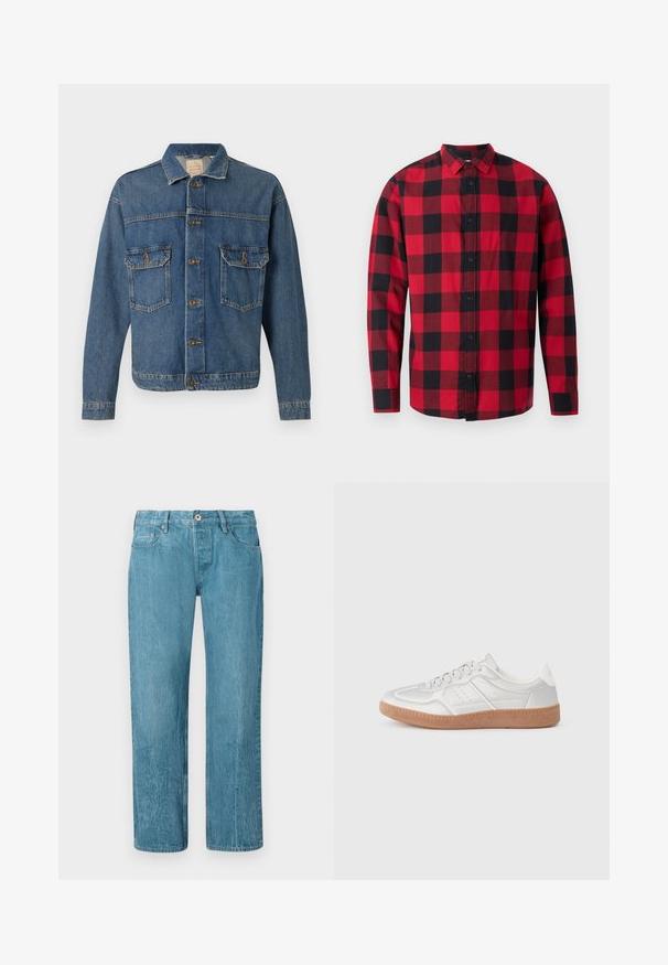 Blaue Jeansjacke mit Knopföffnung, zwei knopfverzierten Brusttaschen und klassischem Kragen auf einem einfarbigen Hintergrund.; Rot-schwarz kariertes Flanellhemd mit Knopfleiste, langen Ärmeln und Kragen. Das Hemd zeichnet sich durch ein klassisches Karomuster aus.; Hellblaue Jeans aus Denim mit geradem Bein, ausgestattet mit fünf Taschen, Gürtelschlaufen und einem Knopfverschluss. Glatte Textur mit subtilen Verblassungen.; Silberne Sneakers mit glatter Textur, Schnürdesign, durchbrochenen Akzenten und einer strukturierten braunen Gummisohle.